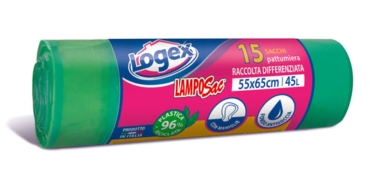 LOGEX 15 GARBAGE BAGS GREEN & WHITE 45L. 55X65cm.